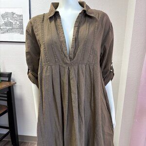 Embellish Cotton Chambray Tunic Dress Brown Boho Roll Sleeve NWT S/M